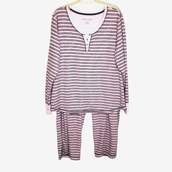 Nautica Fleece Long Pajama Sleepwear Set Pink and Navy Stripe Size XXL lounge - Picture 6 of 7